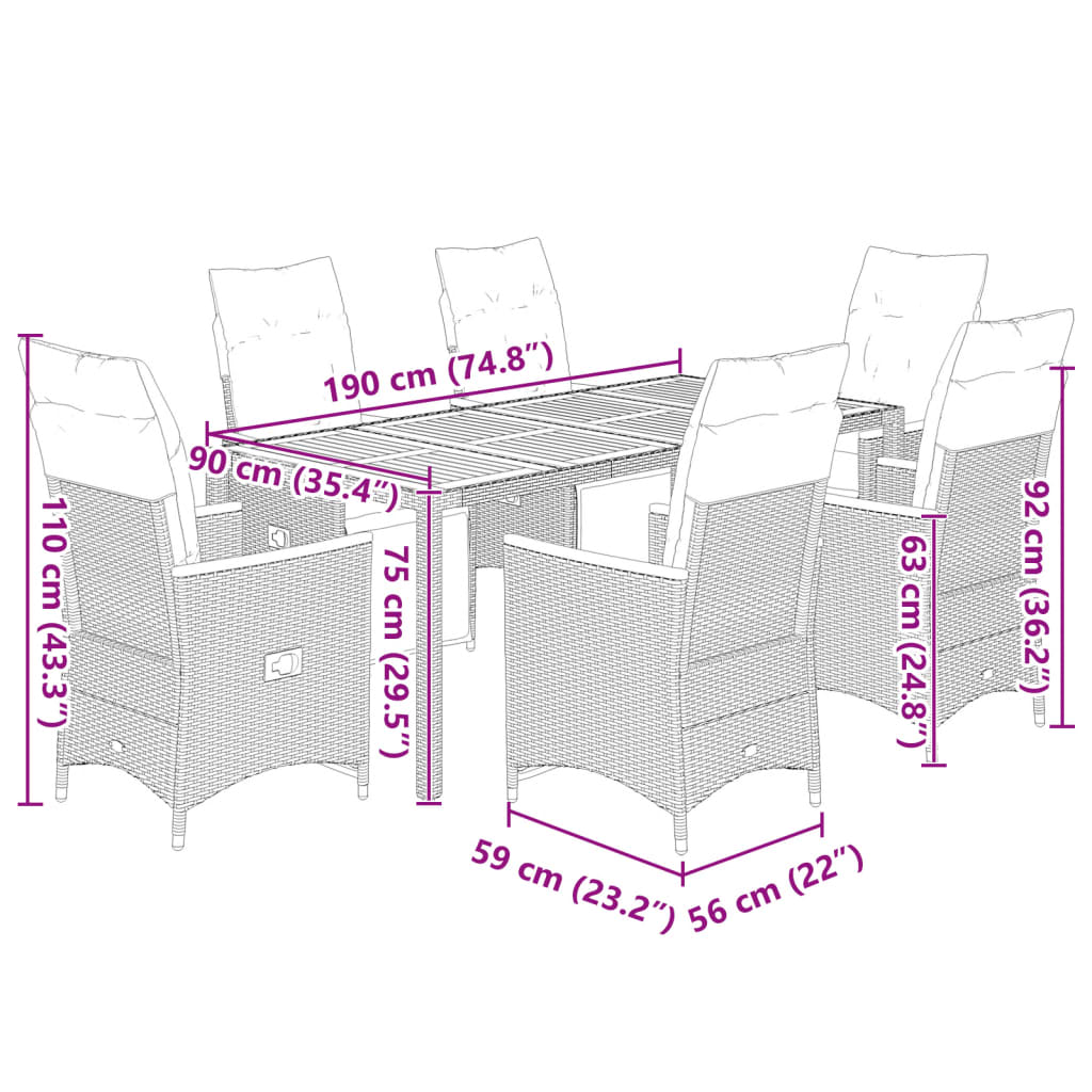 7-tlg. Garten-Bistro-Set mit Kissen Grau Poly Rattan
