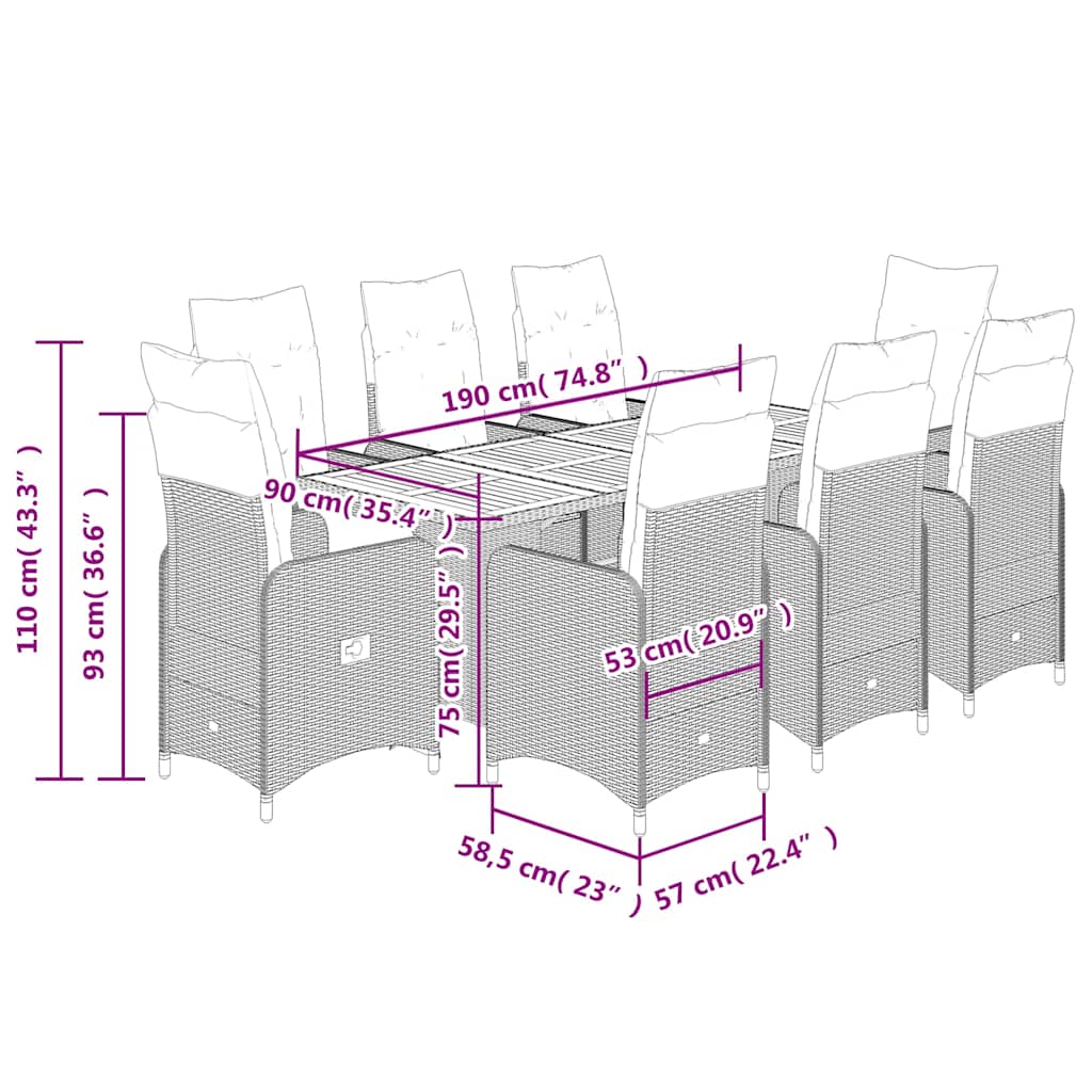 9-tlg. Garten-Bistro-Set mit Kissen Schwarz Poly Rattan