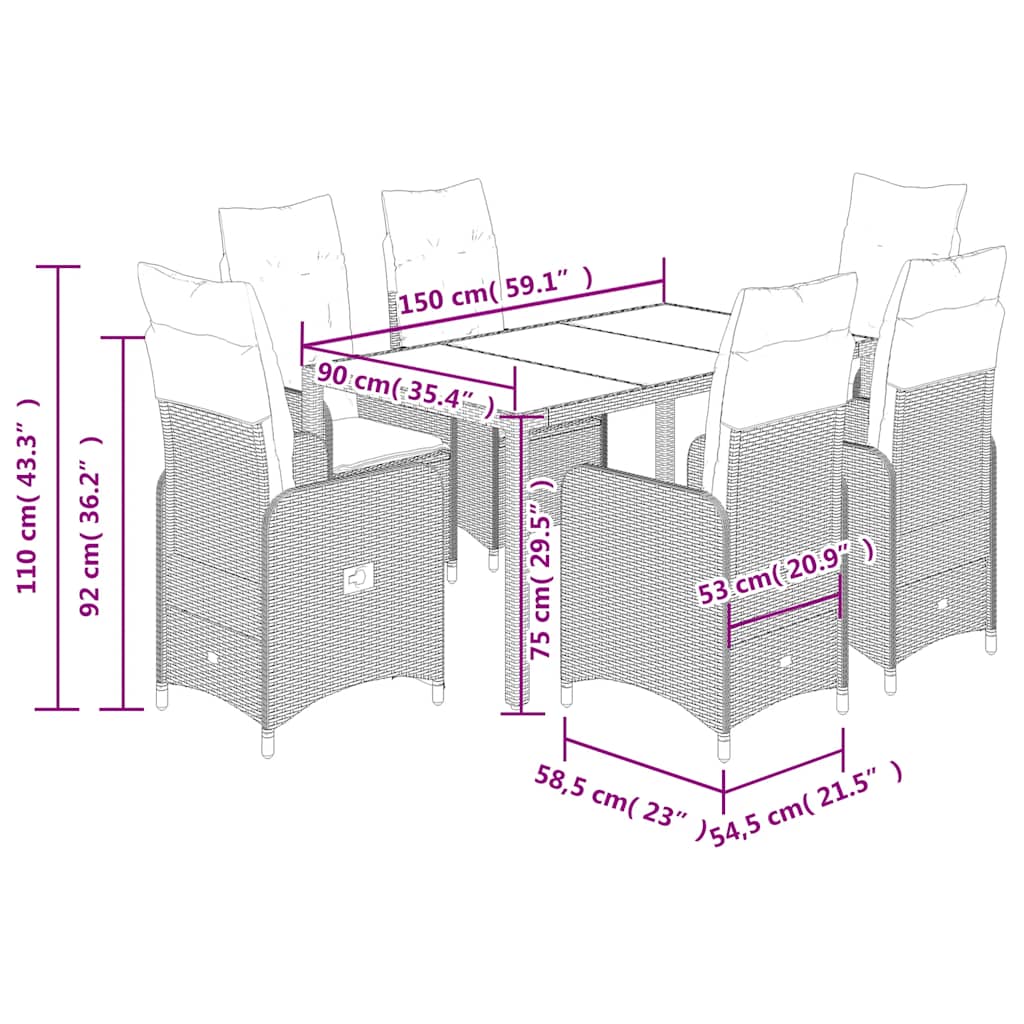 7-tlg. Garten-Bistro-Set mit Kissen Schwarz Poly Rattan