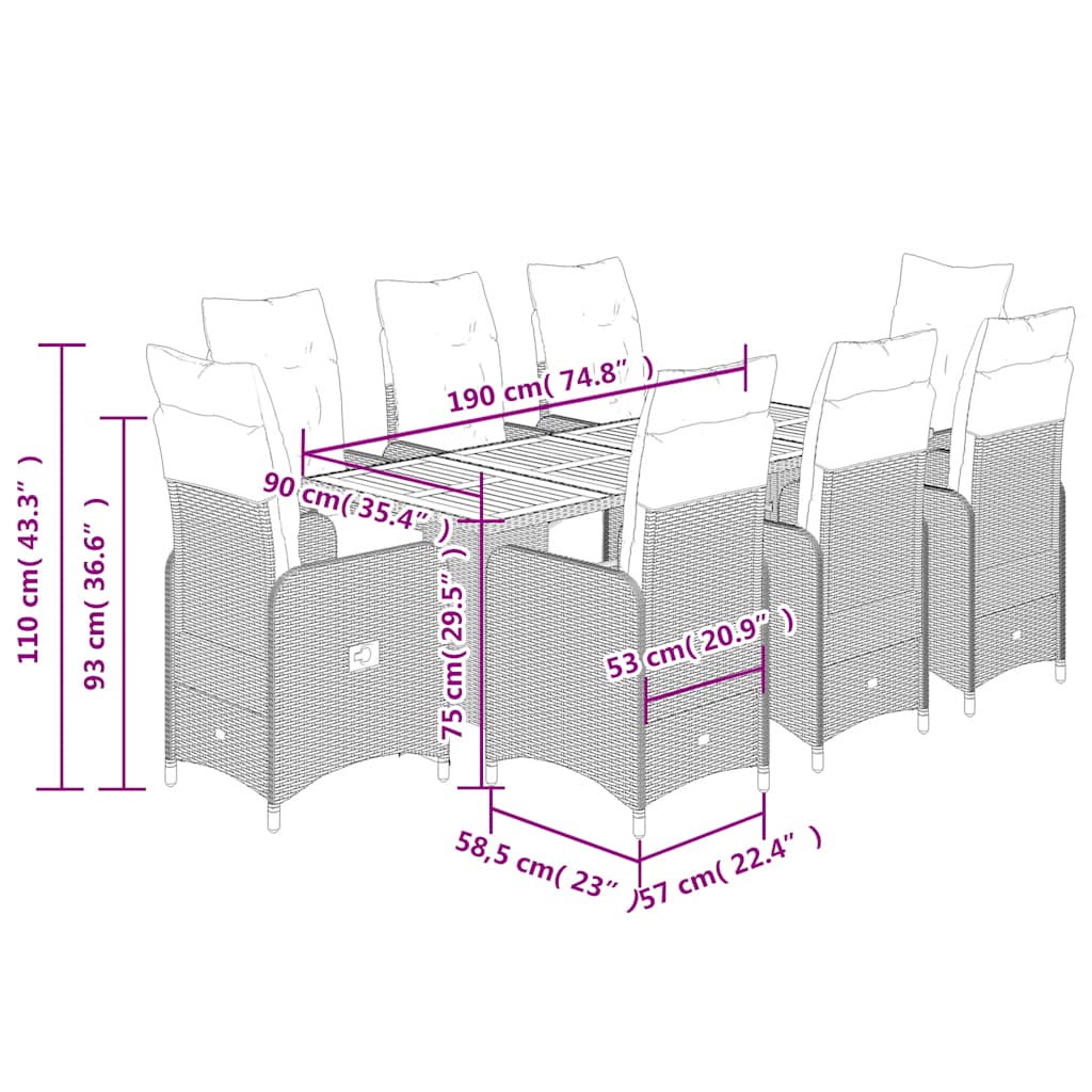 9-tlg. Garten-Bistro-Set mit Kissen Schwarz Poly Rattan