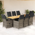 9-tlg. Garten-Bistro-Set mit Kissen Grau Poly Rattan