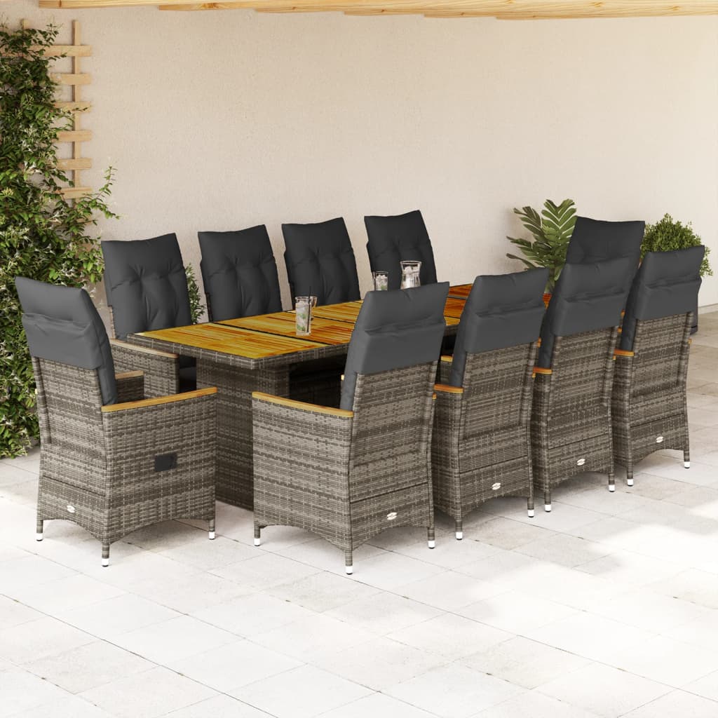 11-tlg. Garten-Bistro-Set mit Kissen Grau Poly Rattan