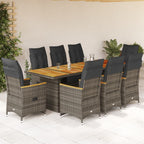 9-tlg. Garten-Bistro-Set mit Kissen Grau Poly Rattan