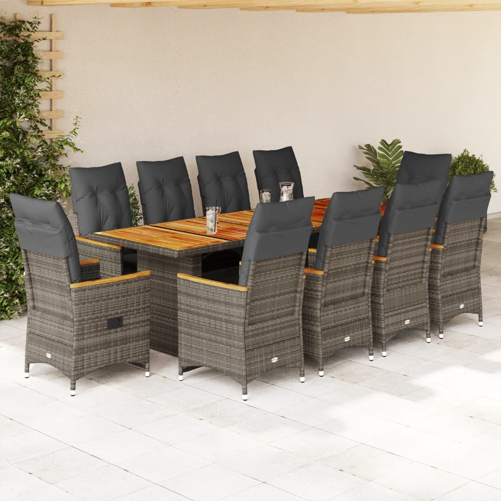 11-tlg. Garten-Bistro-Set mit Kissen Grau Poly Rattan