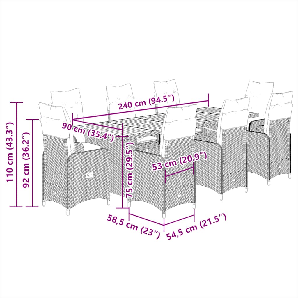 11-tlg. Garten-Bistro-Set mit Kissen Grau Poly Rattan
