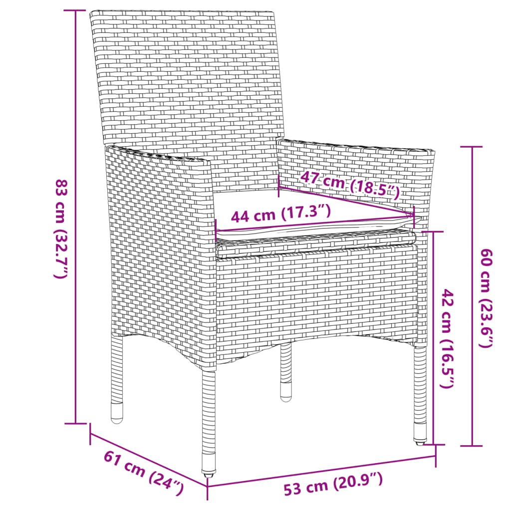 3-tlg. Garten-Essgruppe mit Kissen Schwarz Poly Rattan Glas