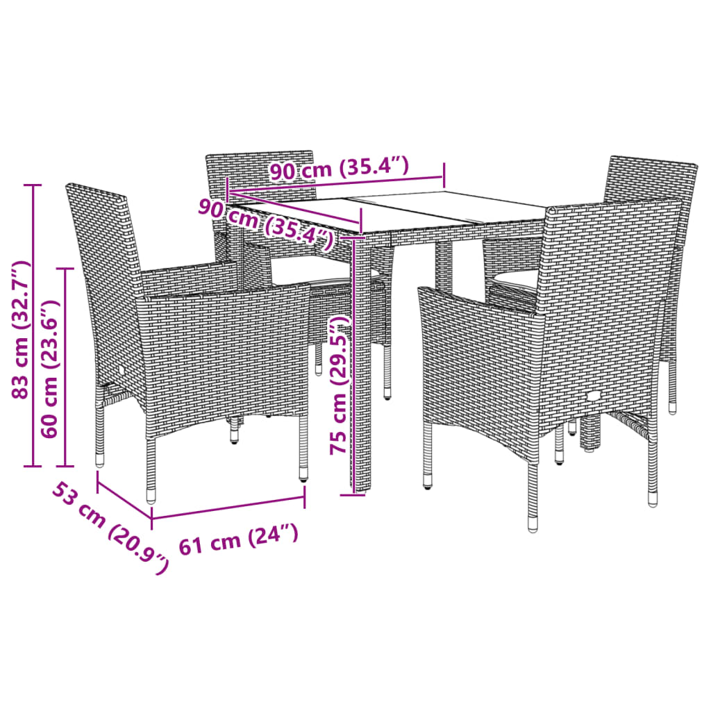 5-tlg. Garten-Essgruppe mit Kissen Schwarz Poly Rattan und Glas
