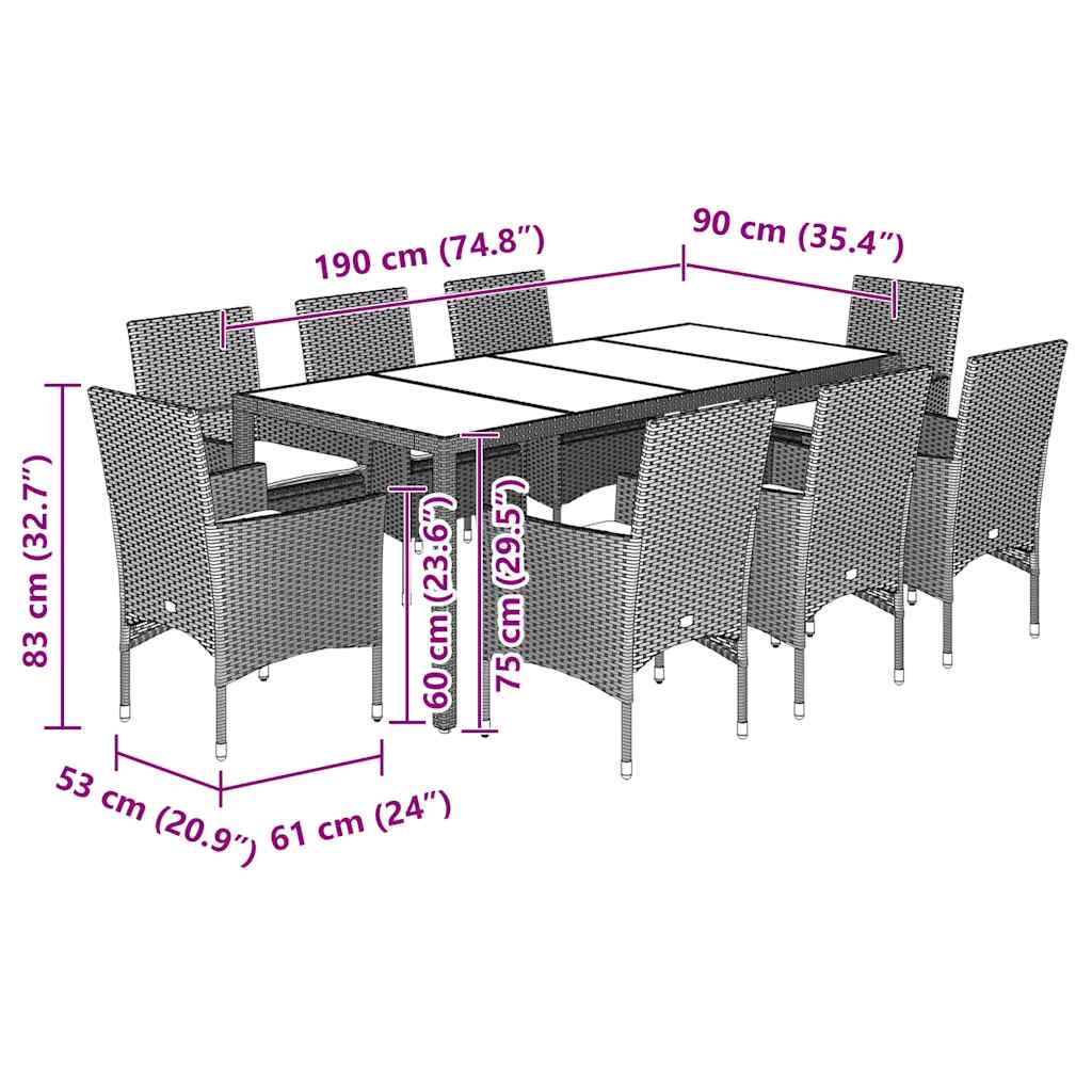 9-tlg. Garten-Essgruppe mit Kissen Hellgrau Poly Rattan & Glas