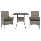 3-tlg. Garten-Essgruppe mit Kissen Grau Poly Rattan und Glas