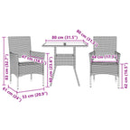 3-tlg. Garten-Essgruppe mit Kissen Grau Poly Rattan und Glas