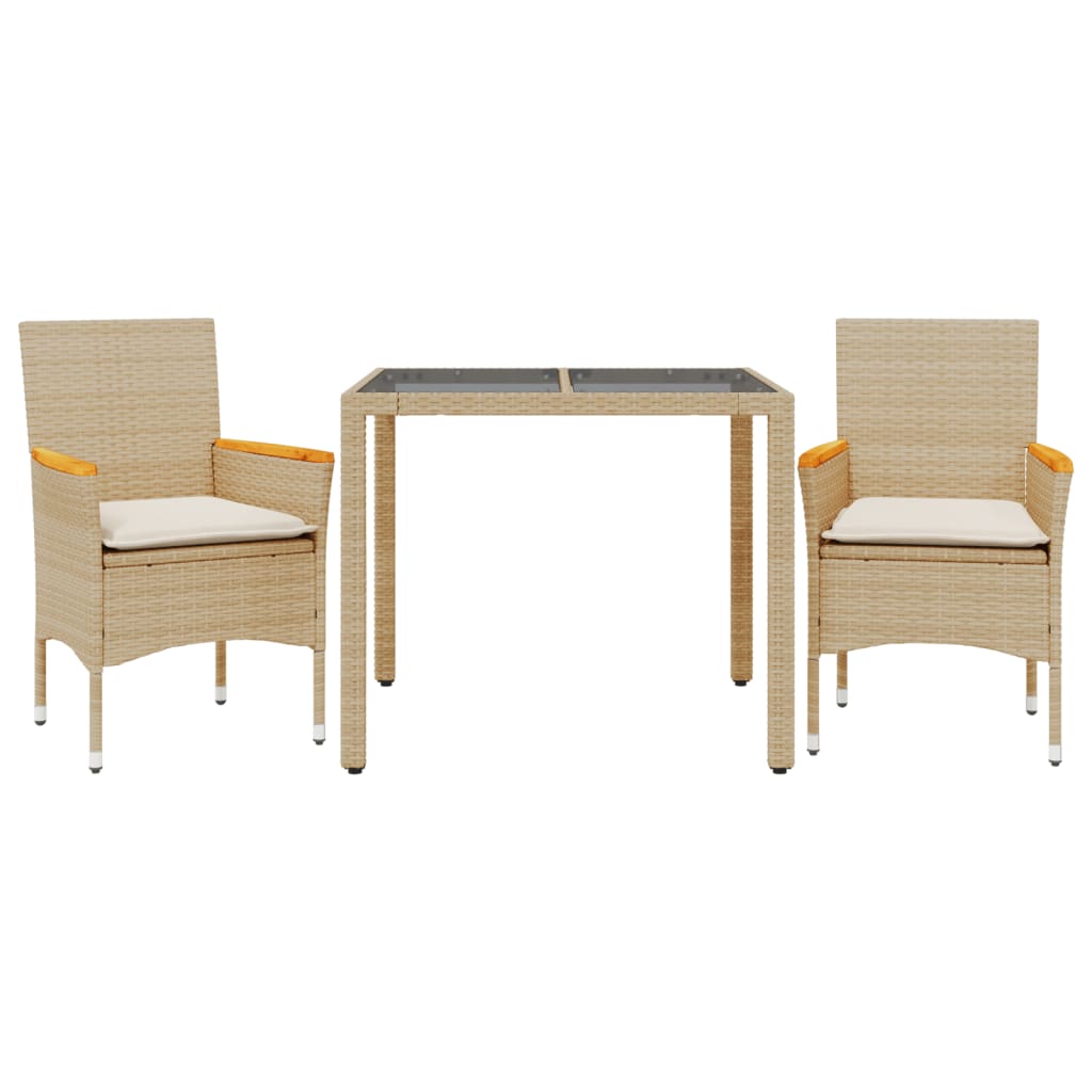 3-tlg. Garten-Essgruppe mit Kissen Beige Poly Rattan und Glas