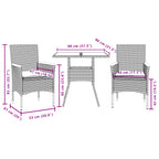 3-tlg. Garten-Essgruppe mit Kissen Grau Poly Rattan und Glas