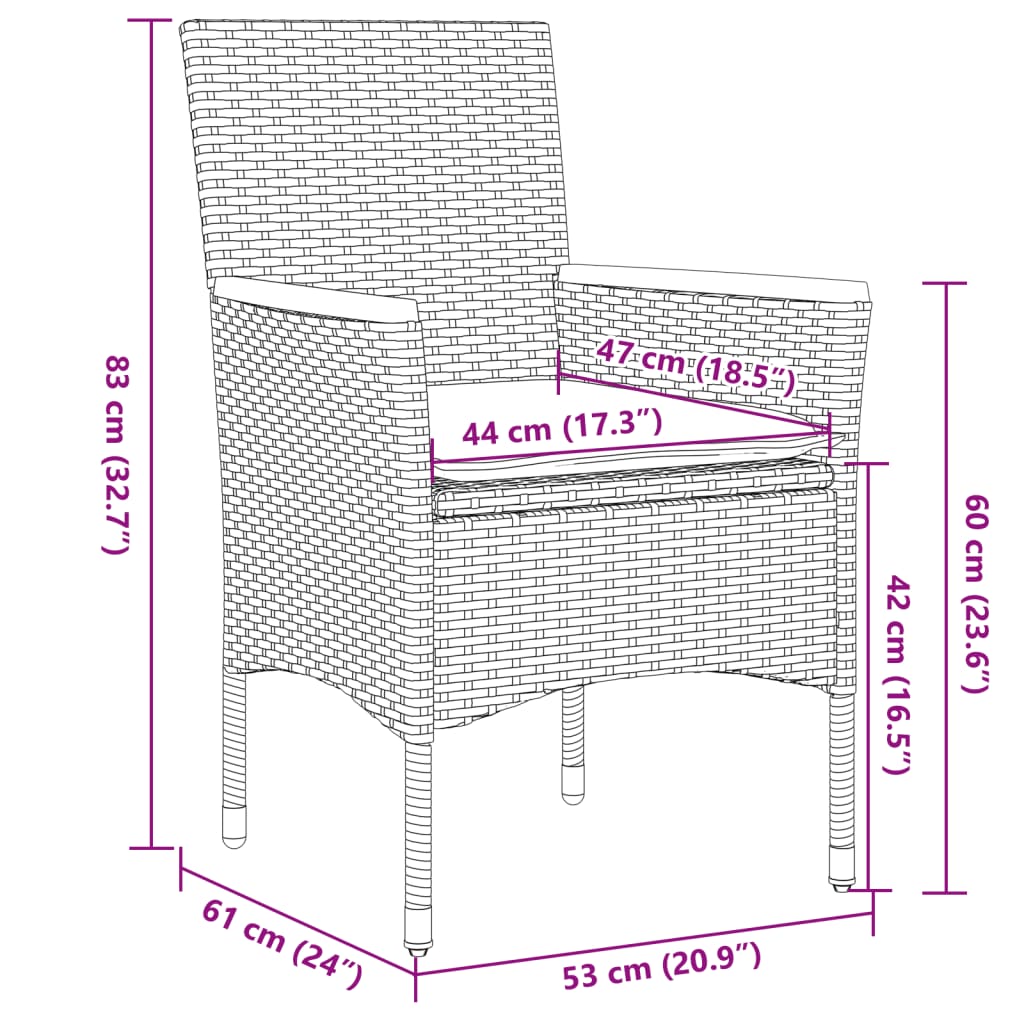 3-tlg. Garten-Essgruppe mit Kissen Grau Poly Rattan und Glas