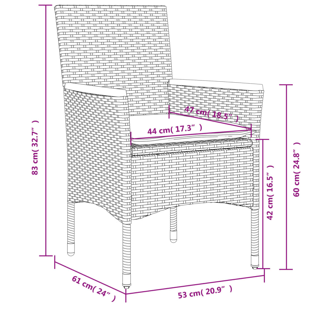 3-tlg. Bistro-Set mit Kissen Grau Poly Rattan und Glas
