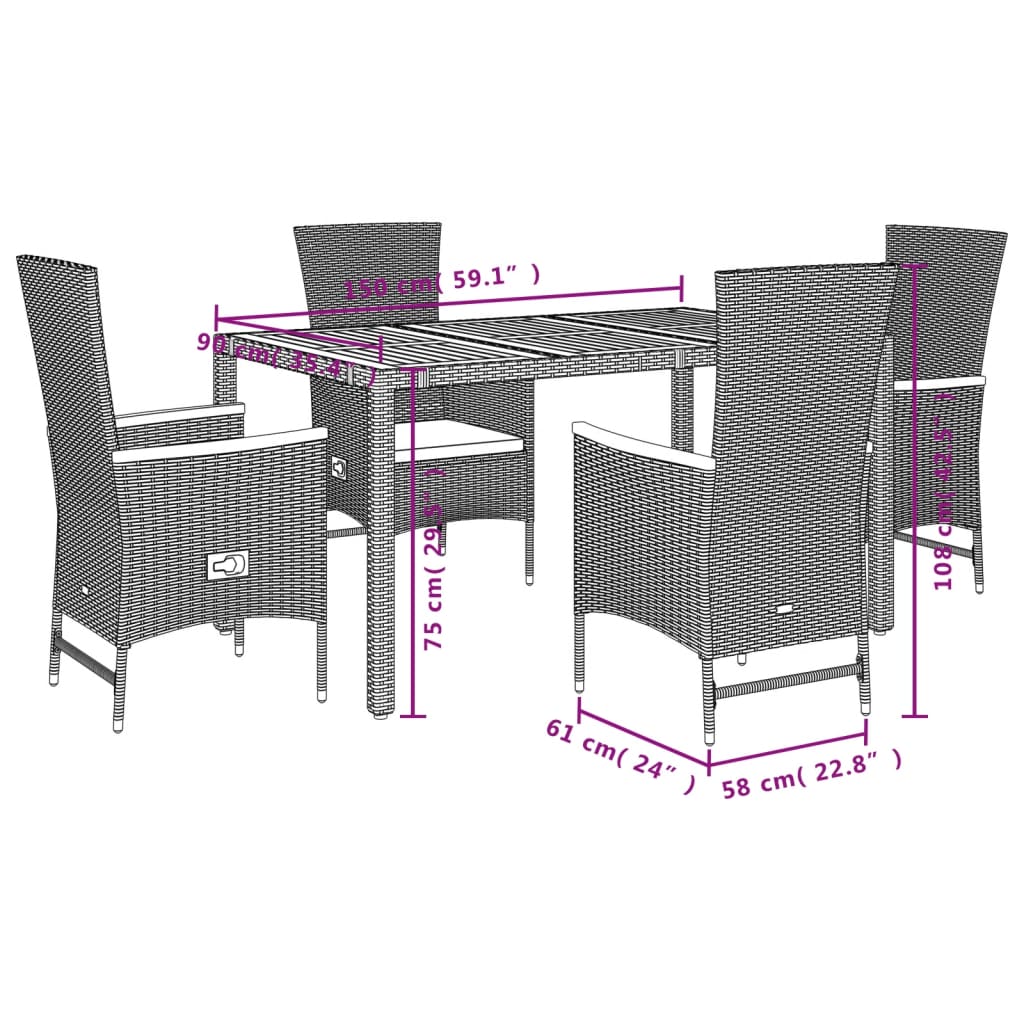 5-tlg. Garten-Essgruppe mit Kissen Schwarz Poly Rattan