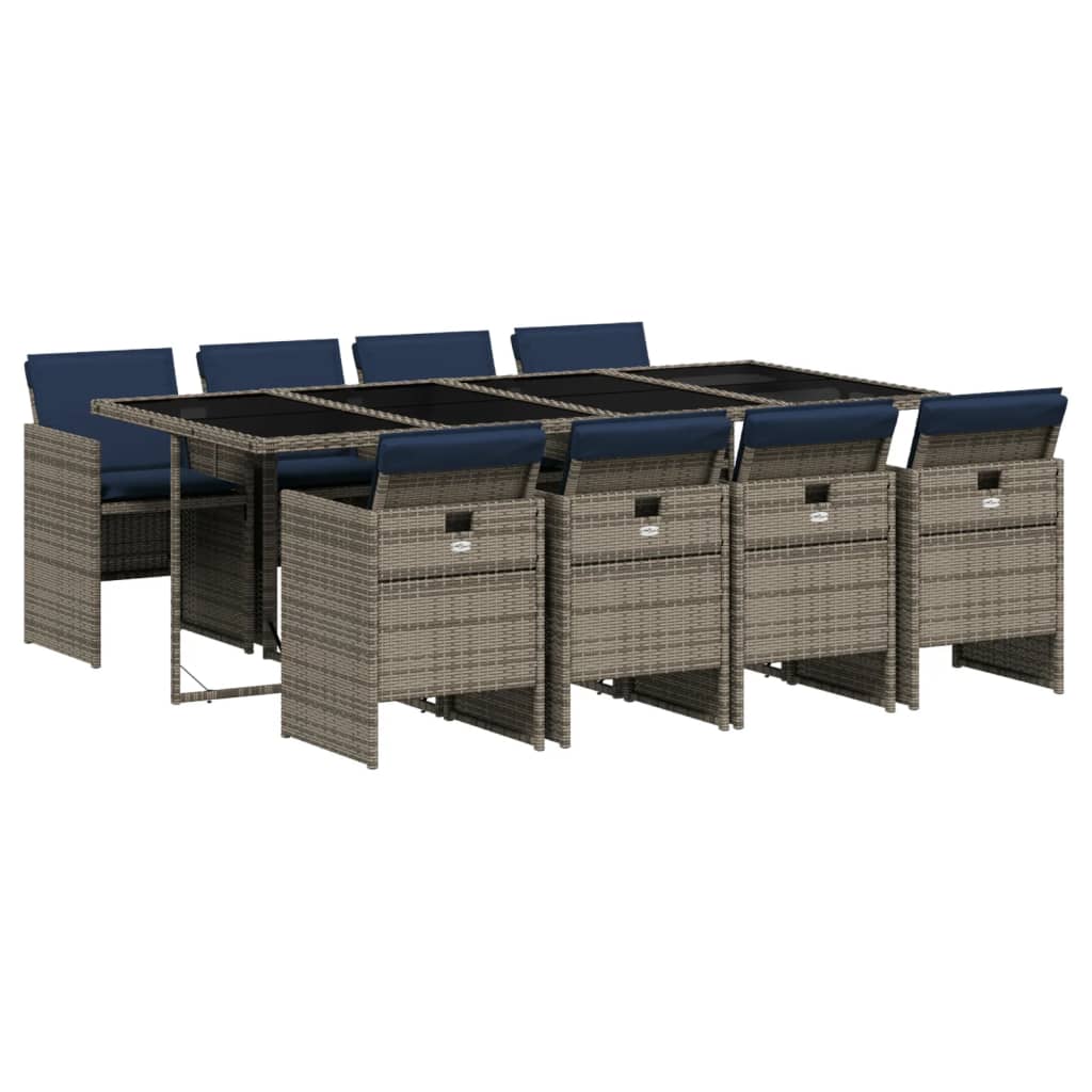 9-teiliges Garten-Ess-Set mit Kissen, grau, Polyrattan