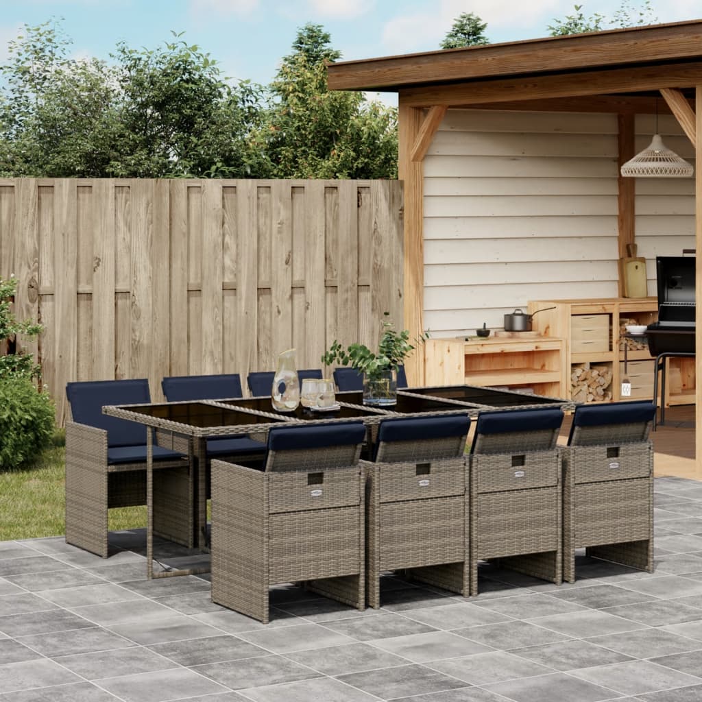 9-teiliges Garten-Ess-Set mit Kissen, grau, Polyrattan