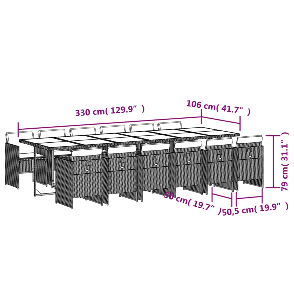 13-teiliges Garten-Ess-Set mit Kissen, grau, Polyrattan