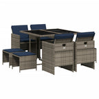 9-teiliges Garten-Ess-Set mit Kissen, grau, Polyrattan