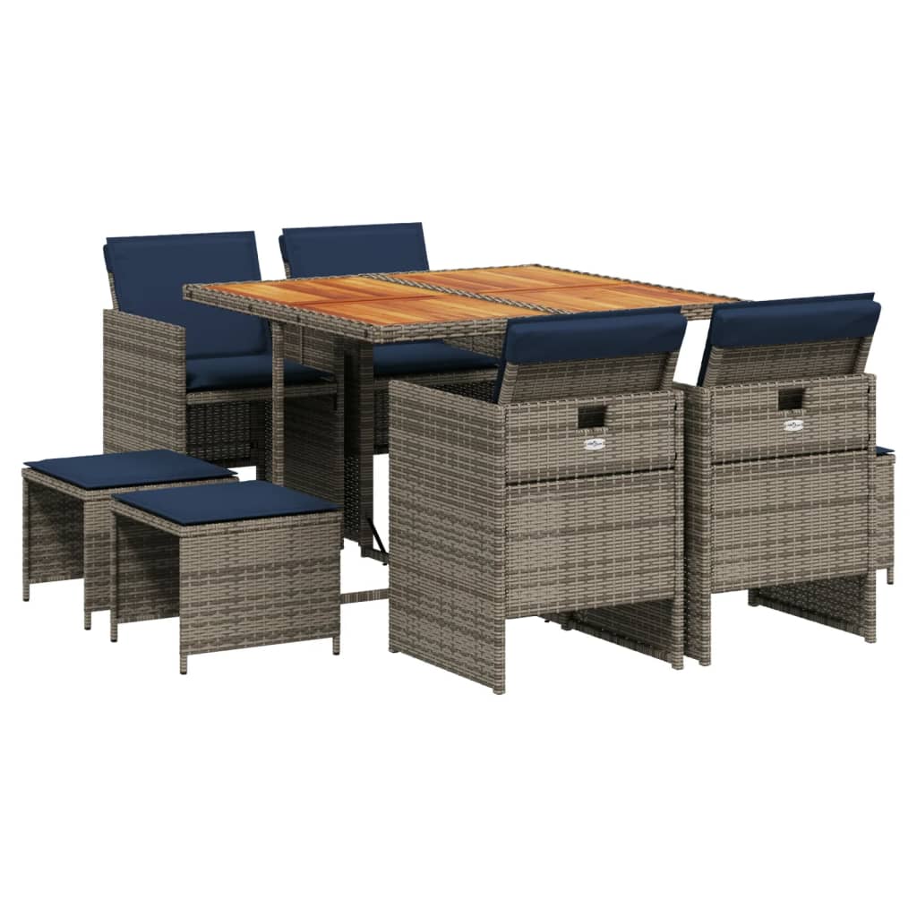 9-teiliges Garten-Ess-Set mit Kissen, grau, Polyrattan