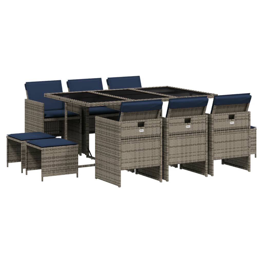 11-teiliges Garten-Ess-Set mit Kissen, grau, Polyrattan