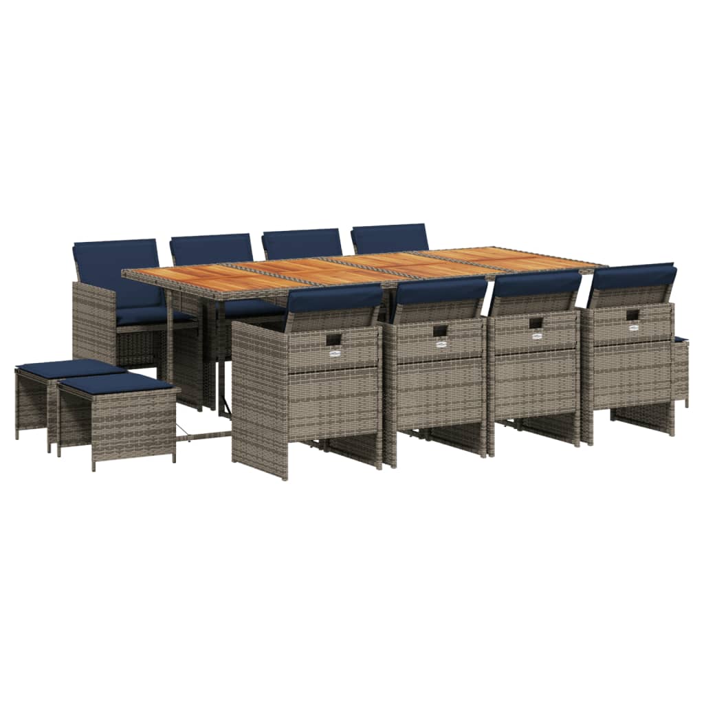 13-teiliges Garten-Ess-Set mit Kissen, grau, Polyrattan