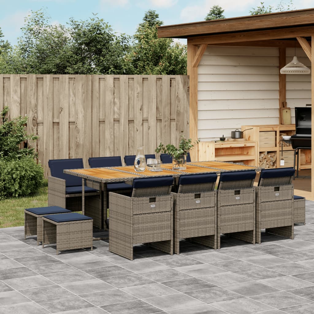 13-teiliges Garten-Ess-Set mit Kissen, grau, Polyrattan
