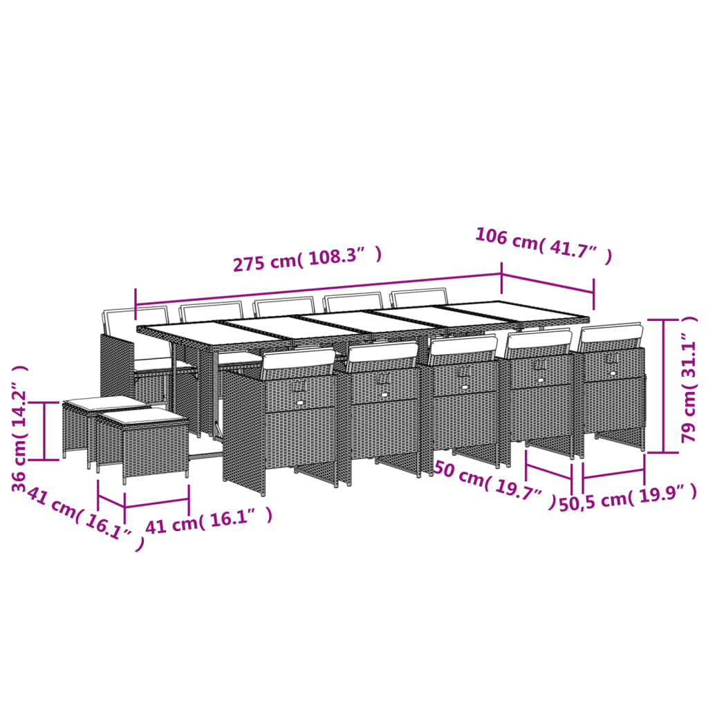 15-teiliges Garten-Ess-Set mit Kissen, grau, Polyrattan