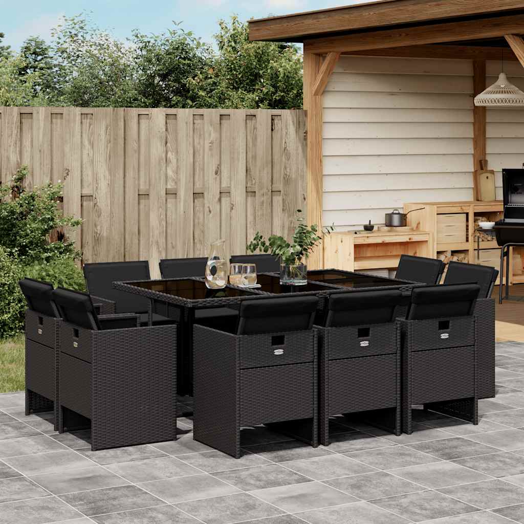 11-tlg. Garten-Essgruppe mit Kissen Schwarz Poly Rattan