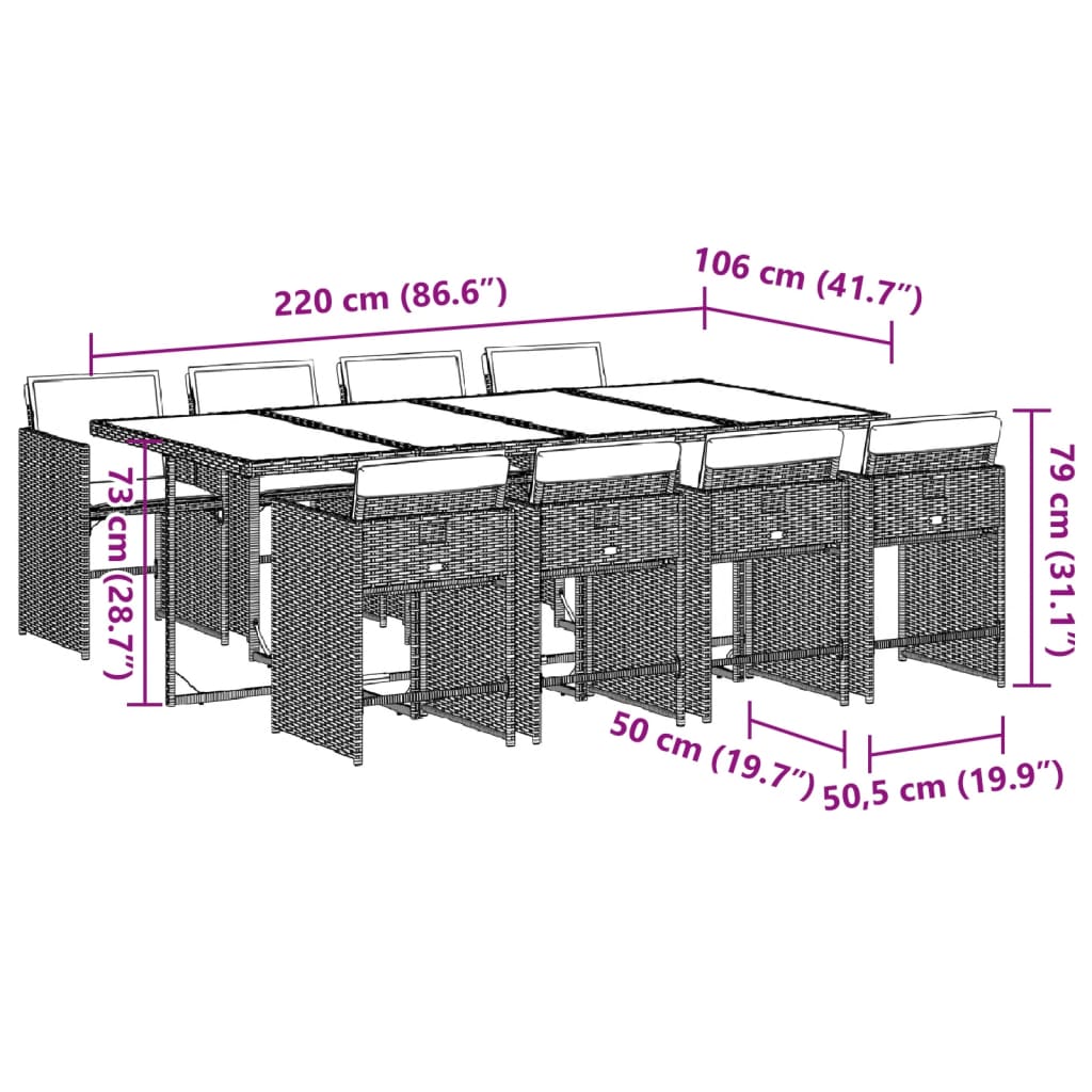 9-tlg. Garten-Essgruppe mit Kissen Grau Poly Rattan