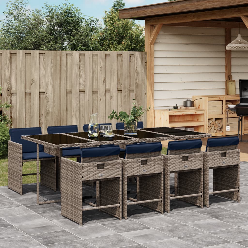 9-teiliges Garten-Ess-Set mit Kissen, grau, Polyrattan