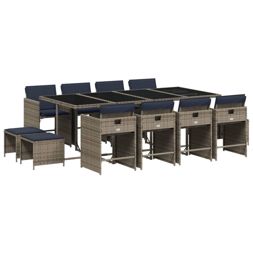 13-teiliges Garten-Ess-Set mit Kissen, grau, Polyrattan