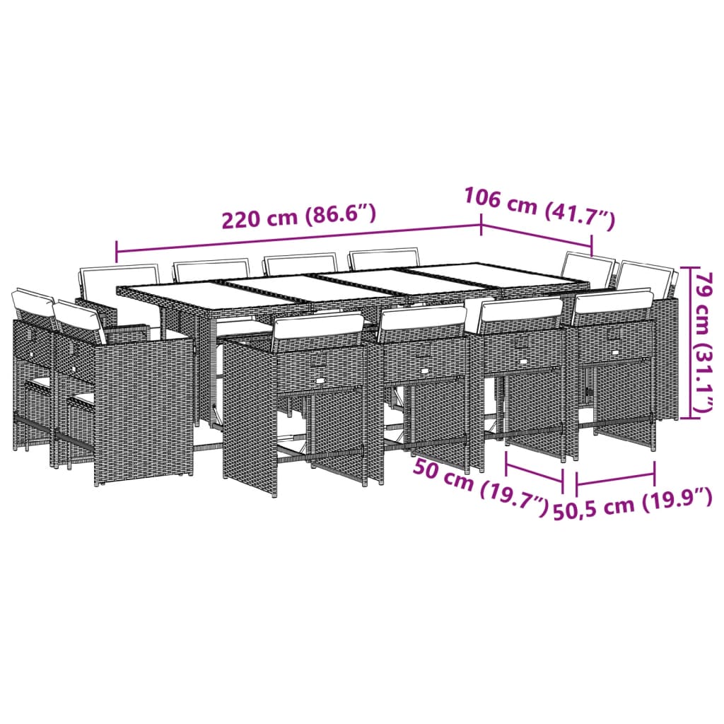 13-tlg. Garten-Essgruppe mit Kissen Grau Poly Rattan
