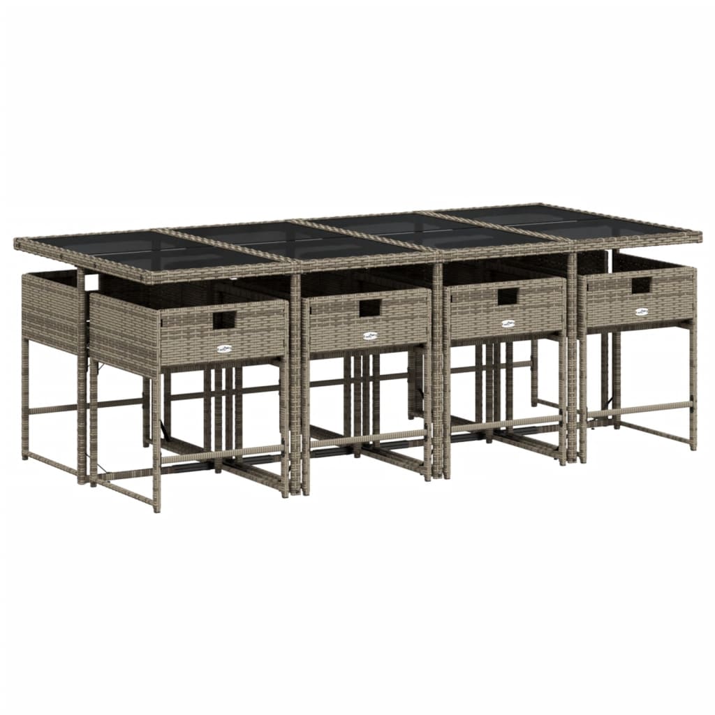 9-teiliges Garten-Ess-Set mit Kissen, grau, Polyrattan