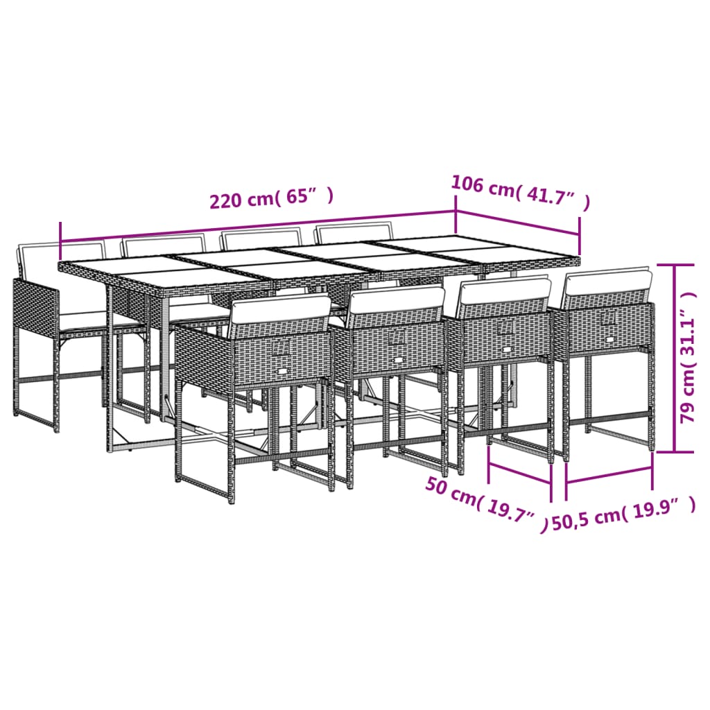 9-teiliges Garten-Ess-Set mit Kissen, grau, Polyrattan