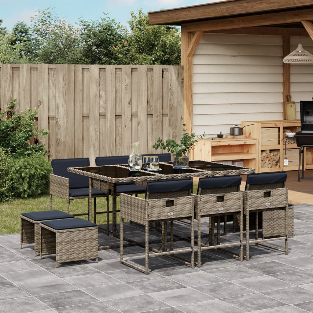 11-teiliges Garten-Ess-Set mit Kissen, grau, Polyrattan