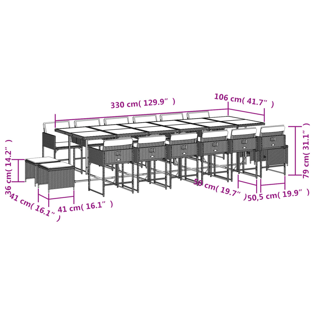 17-teiliges Garten-Ess-Set mit Kissen, grau, Polyrattan