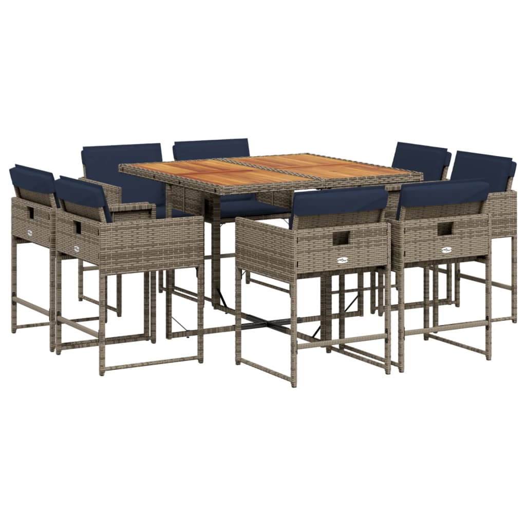 9-teiliges Garten-Ess-Set mit Kissen, grau, Polyrattan