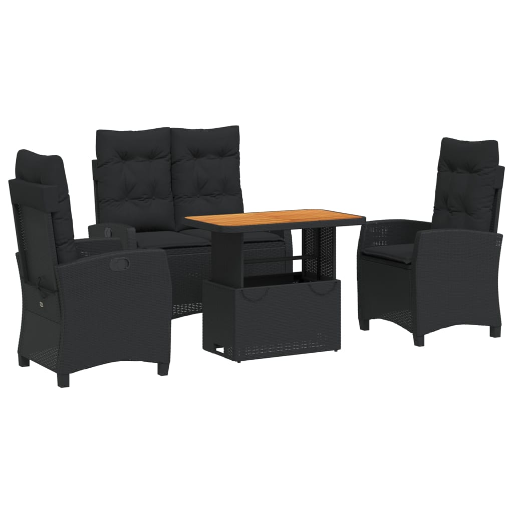 4-tlg. Garten-Essgruppe mit Kissen Schwarz Poly Rattan