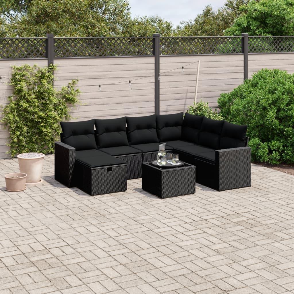 8-tlg. Garten-Sofagarnitur mit Kissen Schwarz Poly Rattan