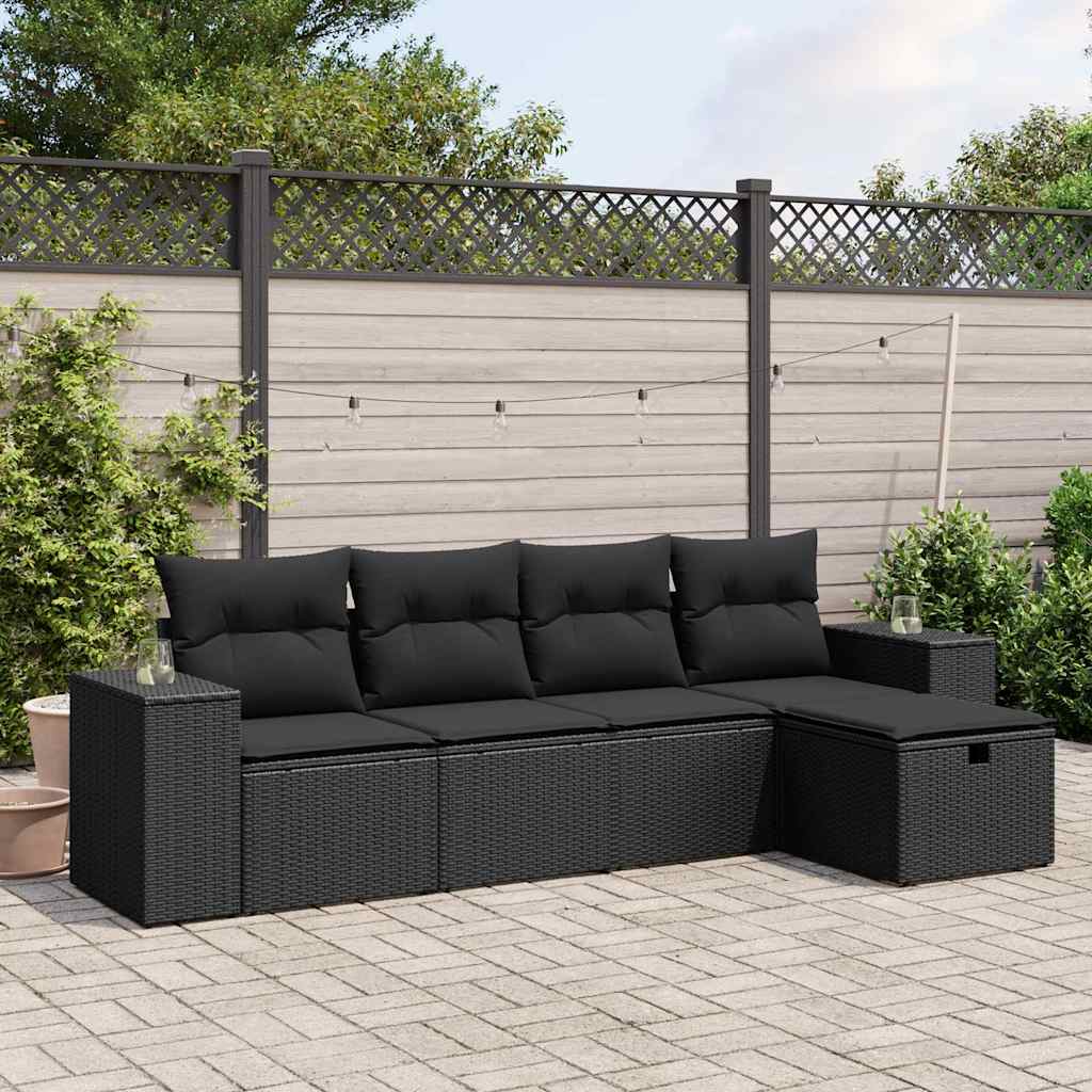 5-tlg. Garten-Sofagarnitur mit Kissen Schwarz Poly Rattan