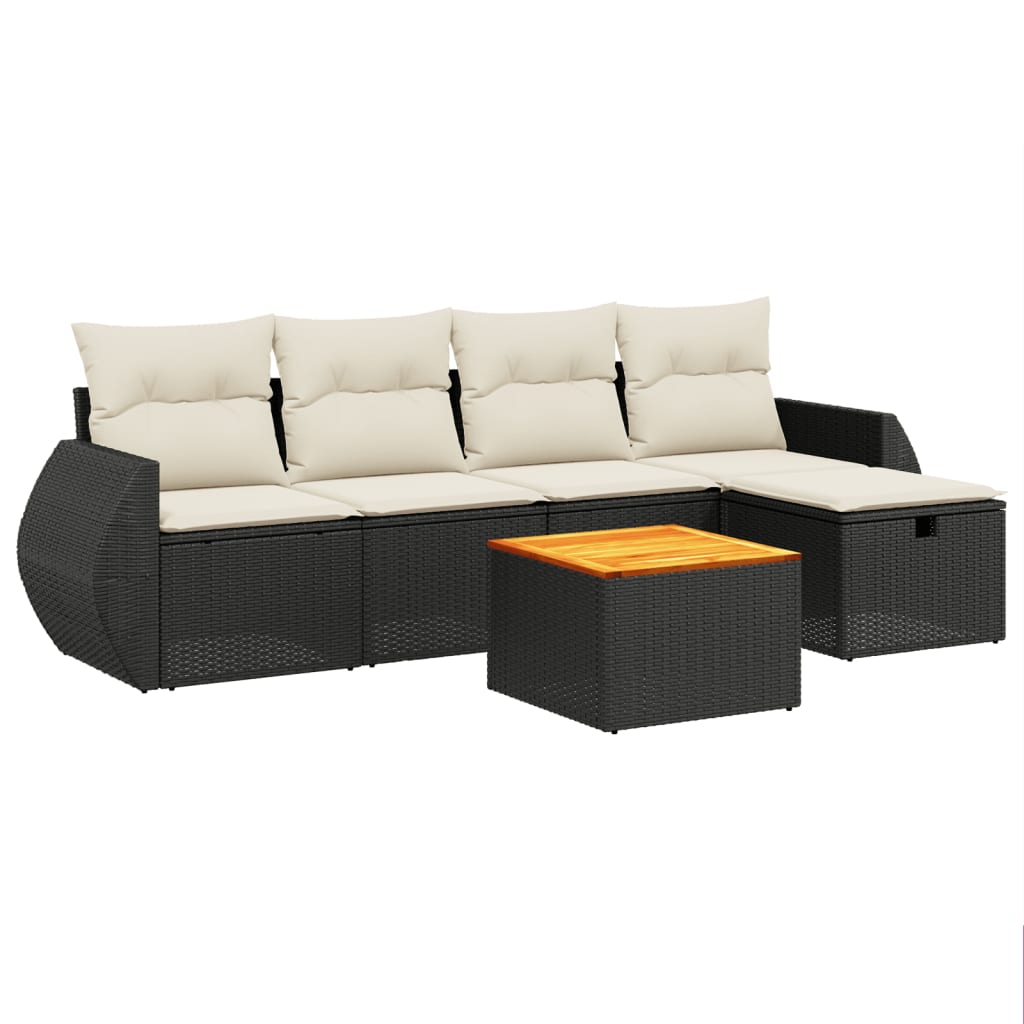 6-tlg. Garten-Sofagarnitur mit Kissen Schwarz Poly Rattan