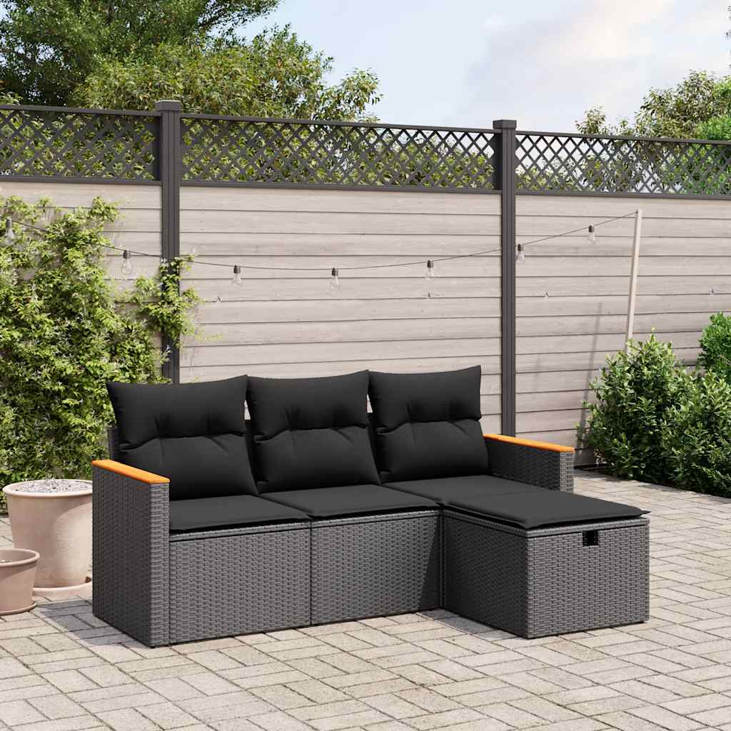 4-tlg. Garten-Sofagarnitur mit Kissen Schwarz Poly Rattan