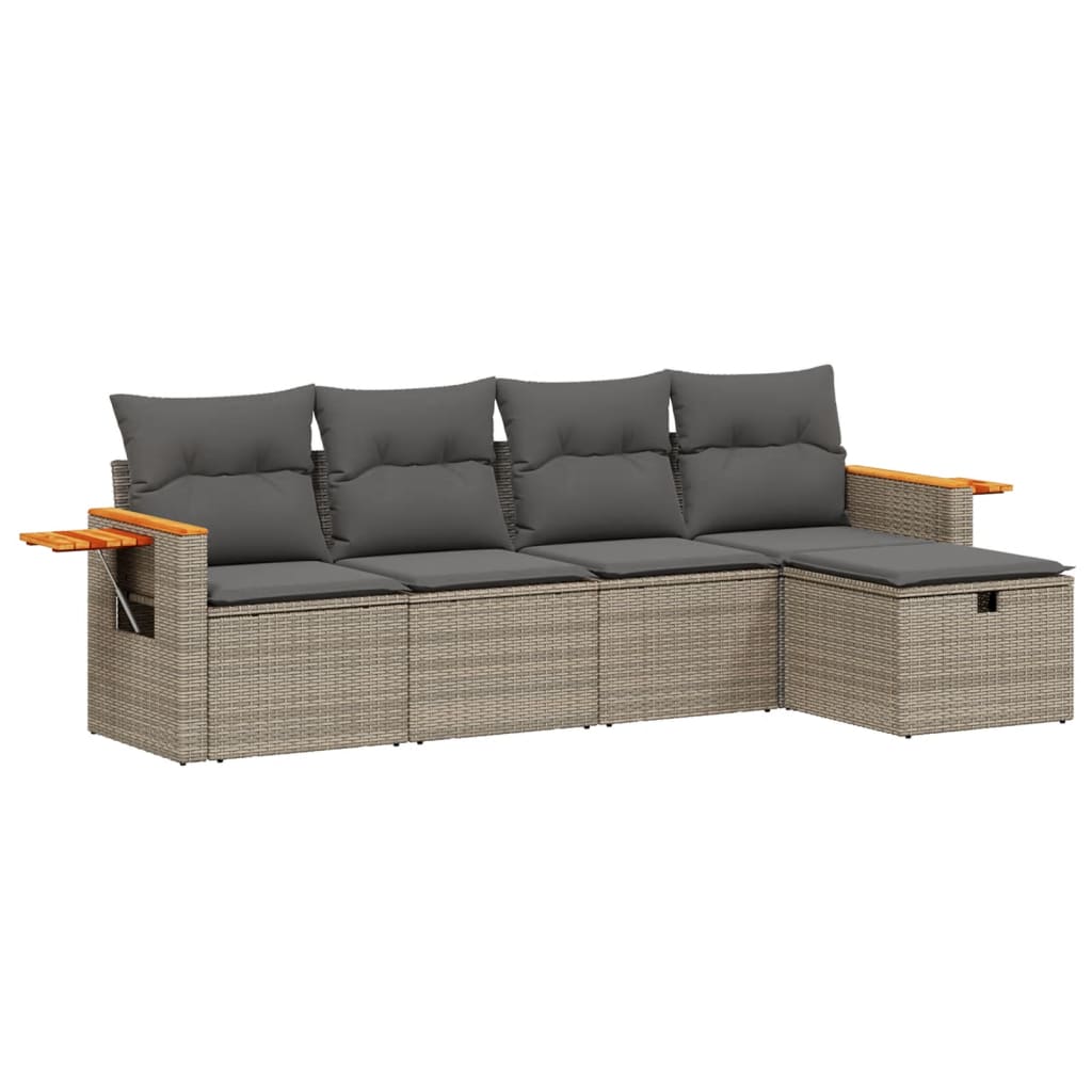 5-tlg. Garten-Sofagarnitur mit Kissen Grau Poly Rattan