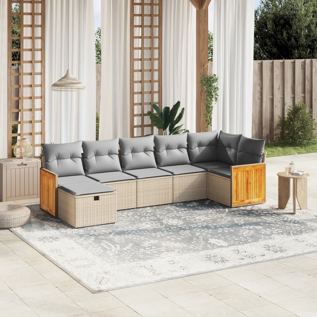 7-tlg. Garten-Sofagarnitur mit Kissen Beige Poly Rattan