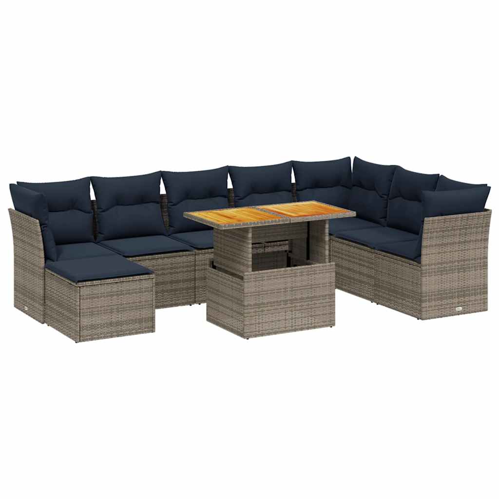9-tlg. Garten-Sofagarnitur mit Kissen Grau Poly Rattan