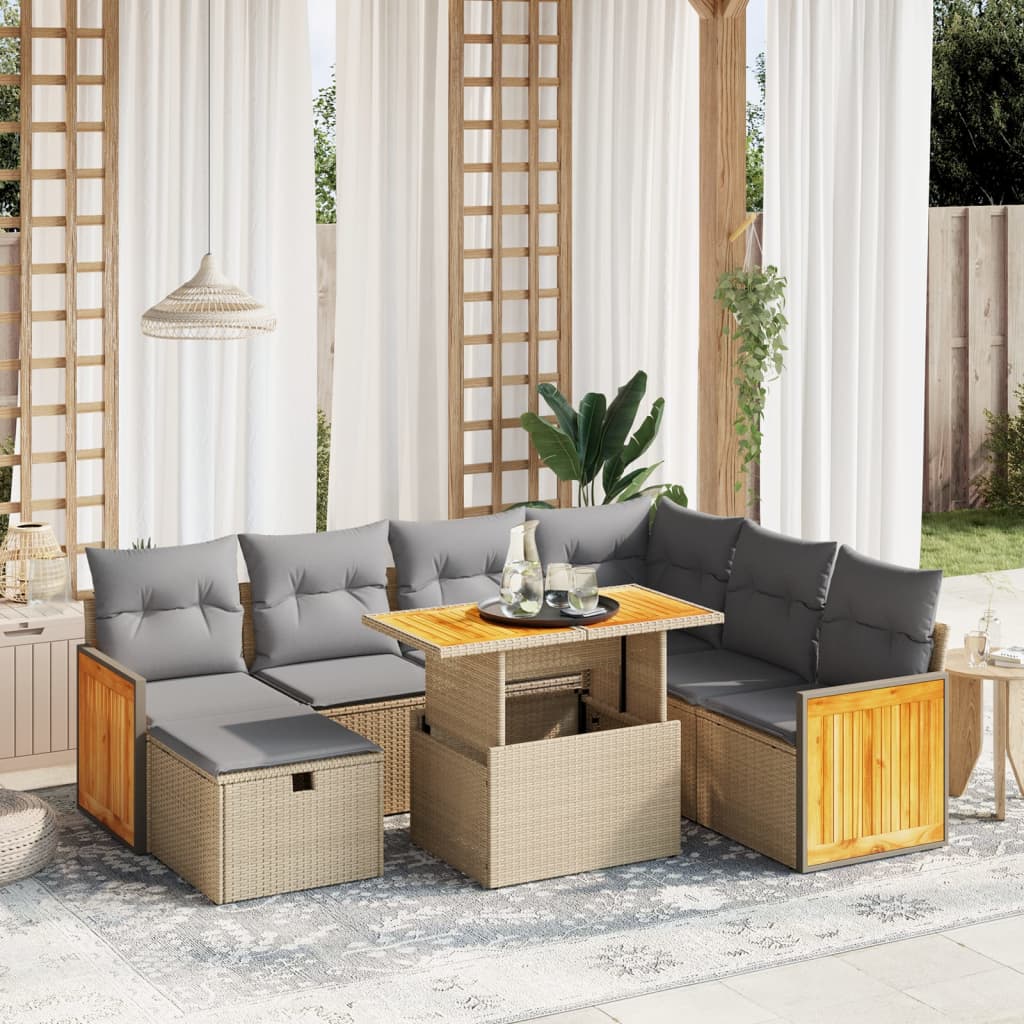 8-tlg. Garten-Sofagarnitur mit Kissen Beige Poly Rattan