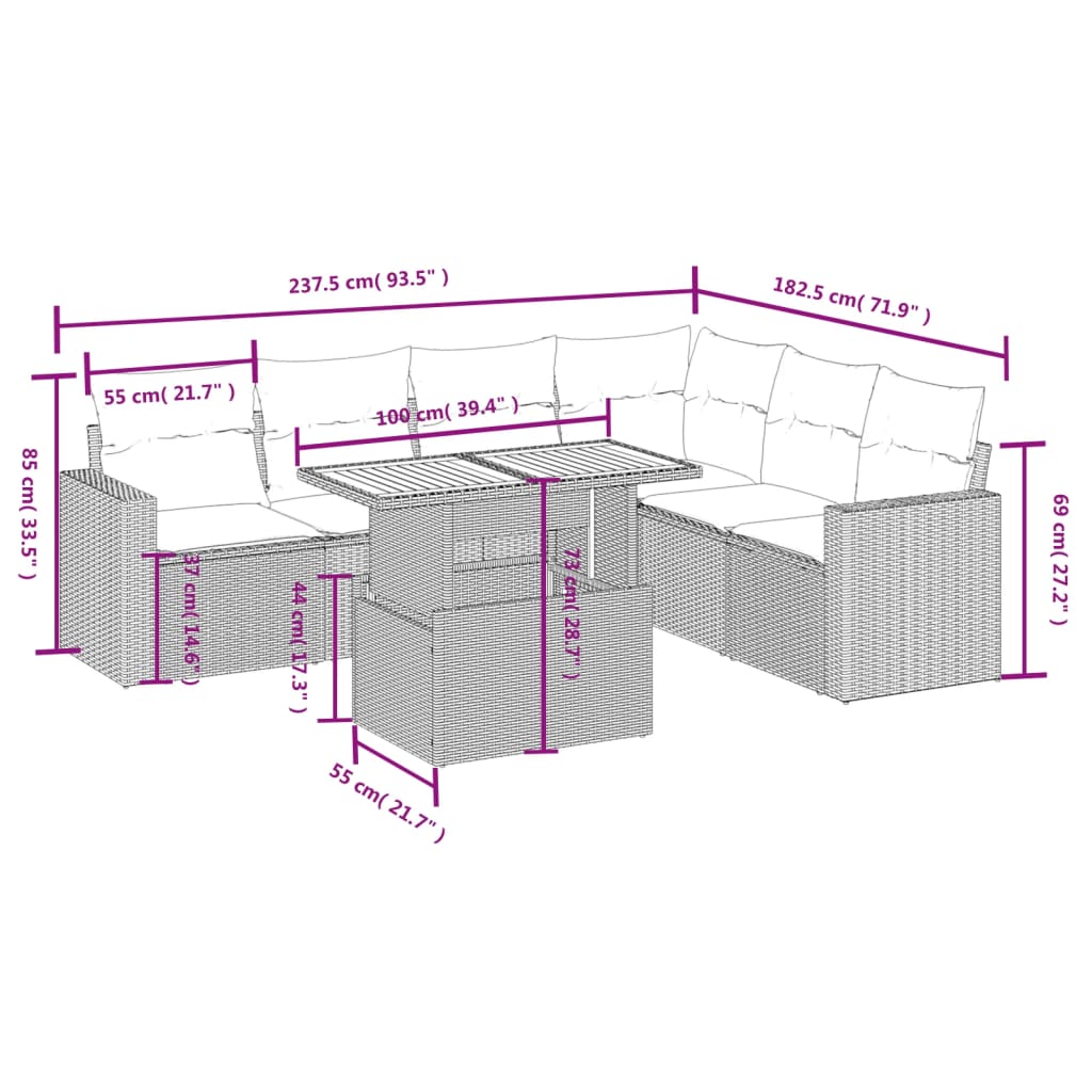 7-tlg. Garten-Sofagarnitur mit Kissen Schwarz Poly Rattan