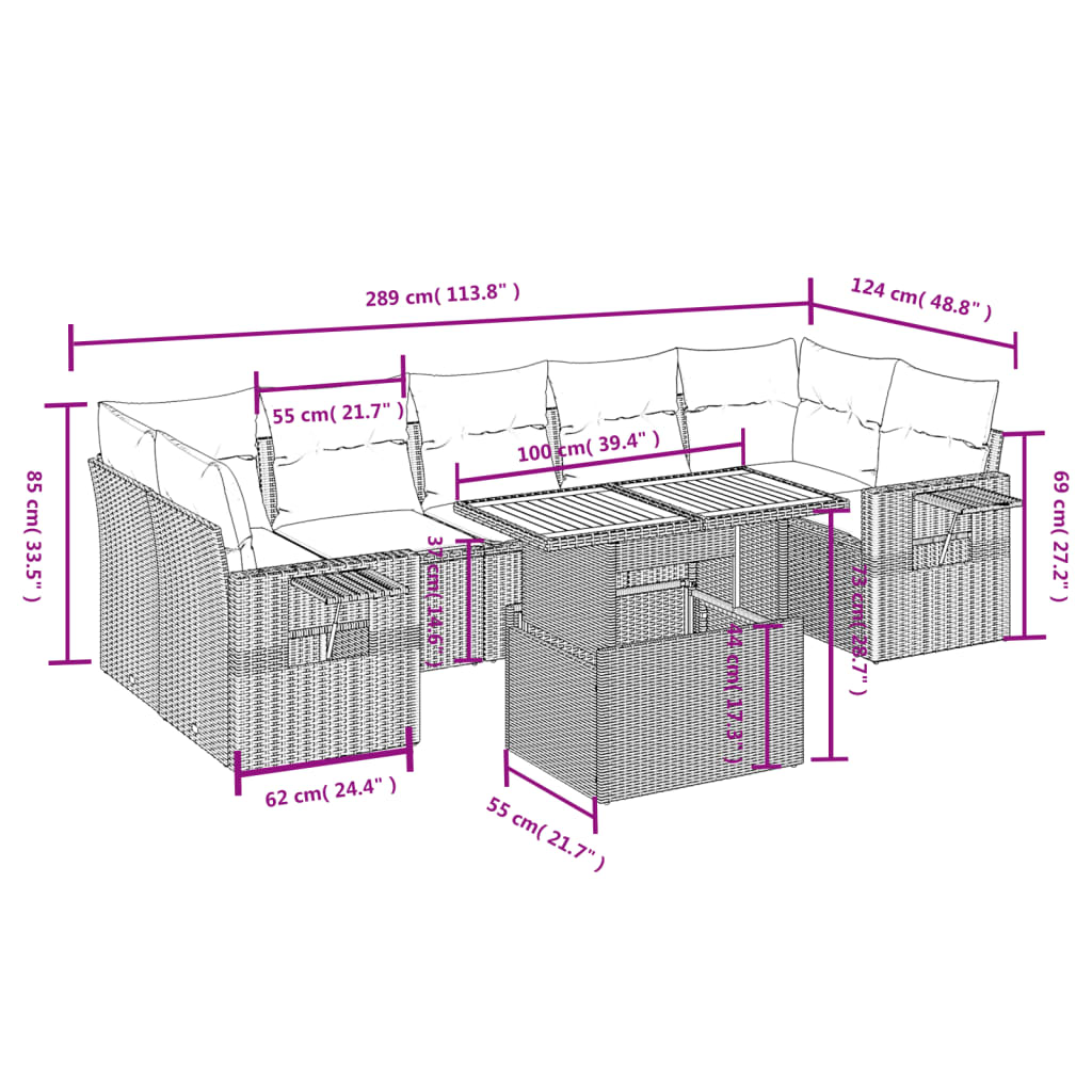 8-tlg. Garten-Sofagarnitur mit Kissen Grau Poly Rattan