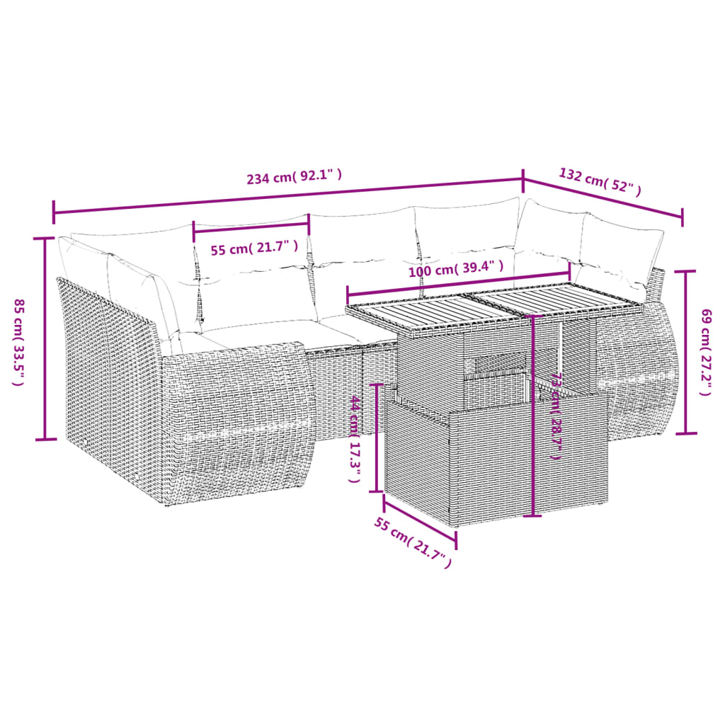 7-tlg. Garten-Sofagarnitur mit Kissen Grau Poly Rattan